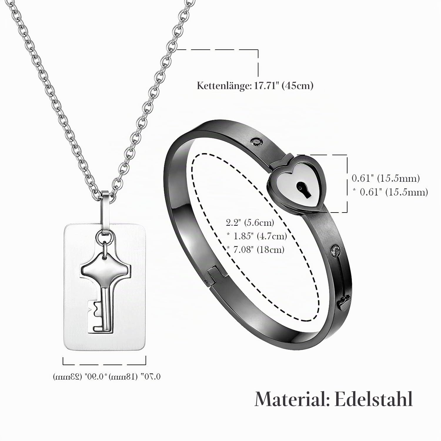 Flongo Pärchen Schloss Schlüssel Schmuckset: Silber Paare Armband Halskette Set Damen Kette mit Herz Flügel gold Zirkonia Herren Cuban Lock Armkette Edelstahl Geschenk Partner Weihnachten Valentinstag