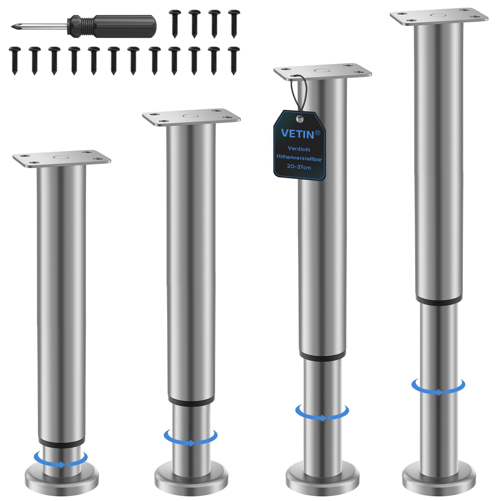 VETIN Lot de 4 pieds de meubles réglables, pieds de meubles réglables en hauteur de 20-37cm, pieds de meubles en métal inoxydable, pieds de meubles pour armoire, meuble TV, lit, canapé, table de nuit