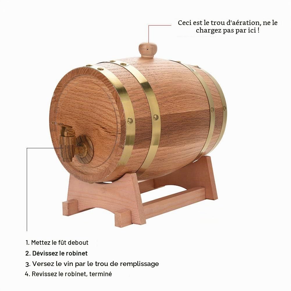 Distributeur de bière en bois de chêne - Tonneau de 3 litres avec support pour whisky, bourbon, tequila et vin