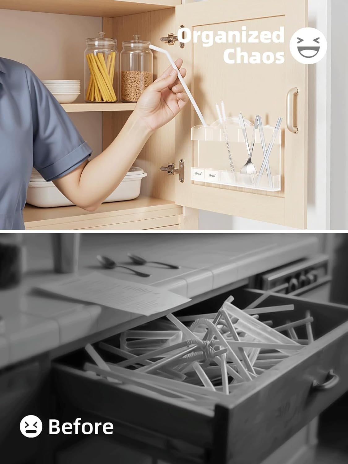 9.8" Acrylic Straw Holder for Cabinet Door - Straw Organizer with Ultra-Sticky Adhesive, Kitchen & RV Essensials, 5-Compartment Storage for Reusable Straws & Brushes, Colored Pencils, Markers - Image 2