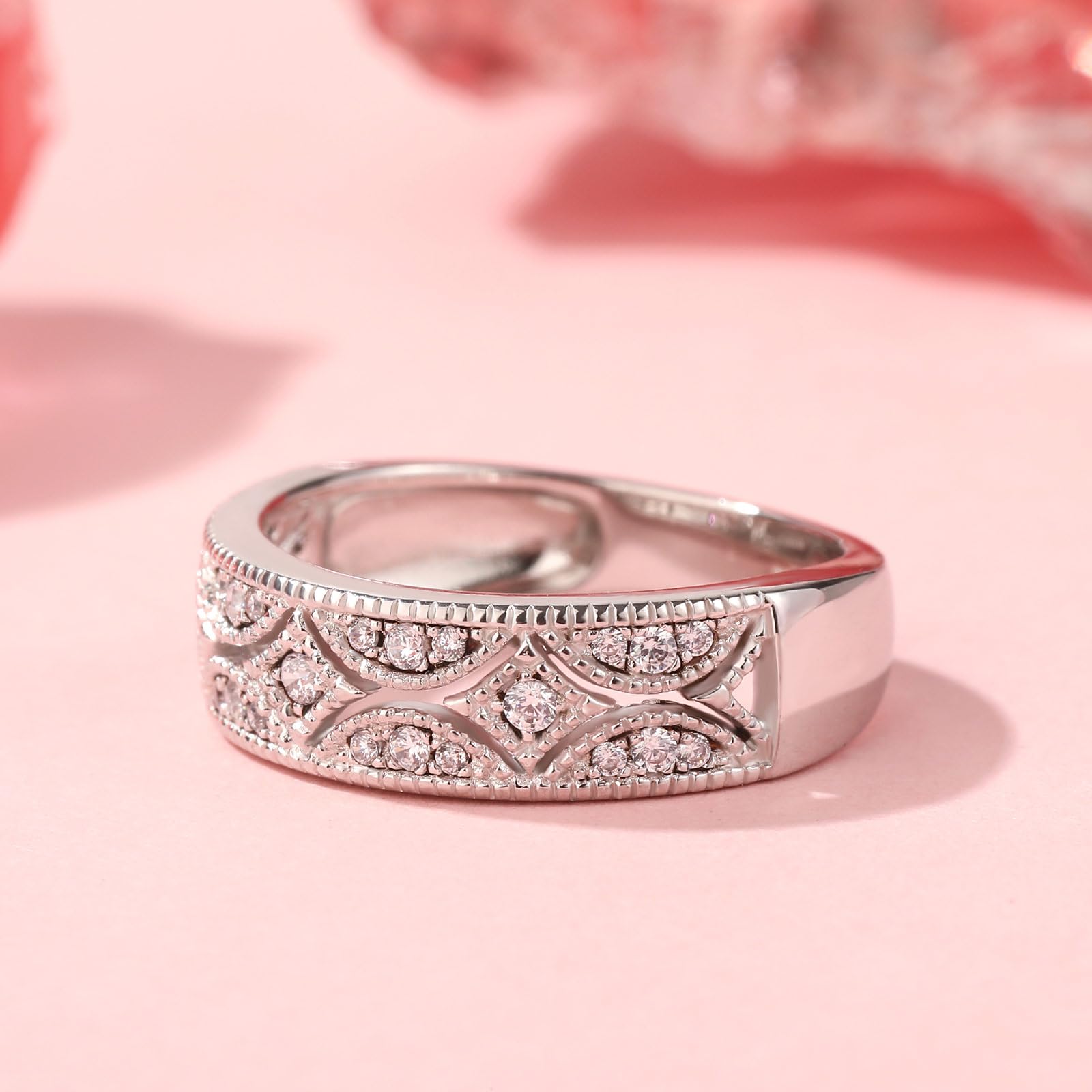 Jeulia 925 Sterling Silber Ringe Milgrain Rundschliff Damen Band Jubiläum Versprechen Ringe mit Schmuckschatulle für Sie Frauen Mädchen
