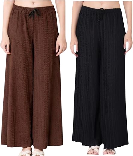 Women Solid Wide Leg Palazzo Pants | Elastic Waist Drawstring Lounge Trousers | High Waist Flowy Casual Bottom Wear for Da...