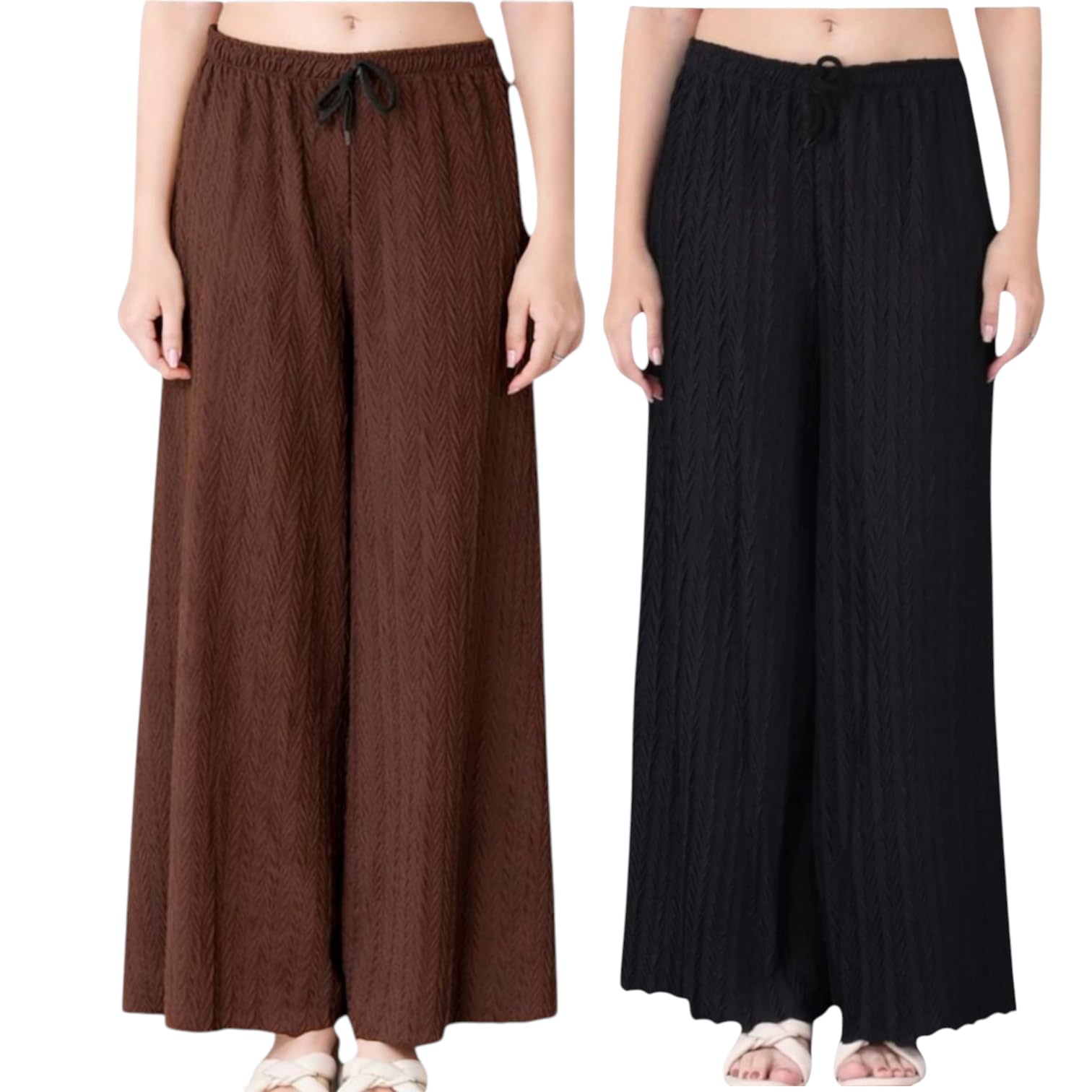 Women Solid Wide Leg Palazzo Pants | Elastic Waist Drawstring Lounge Trousers | High Waist Flowy Casual Bottom Wear for Daily, Office & Travel