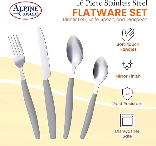 Miniatura 9 de ALPINE CUISINE Juego de cubiertos de acero inoxidable de 16 piezas para 4, incluye cuchillos, tenedores, cucharas, ideal para acampar o dormitorios