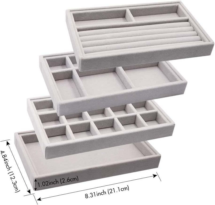 Velvet Jewelry Drawer Inserts Trays, Earring Organizer Stackable Jewelry Display Trays, Box Ring Holder Necklace Case, Storage for Bracelet Brooch Watch, Set of 4 (Gray) : Clothing, Shoes & Jewelry