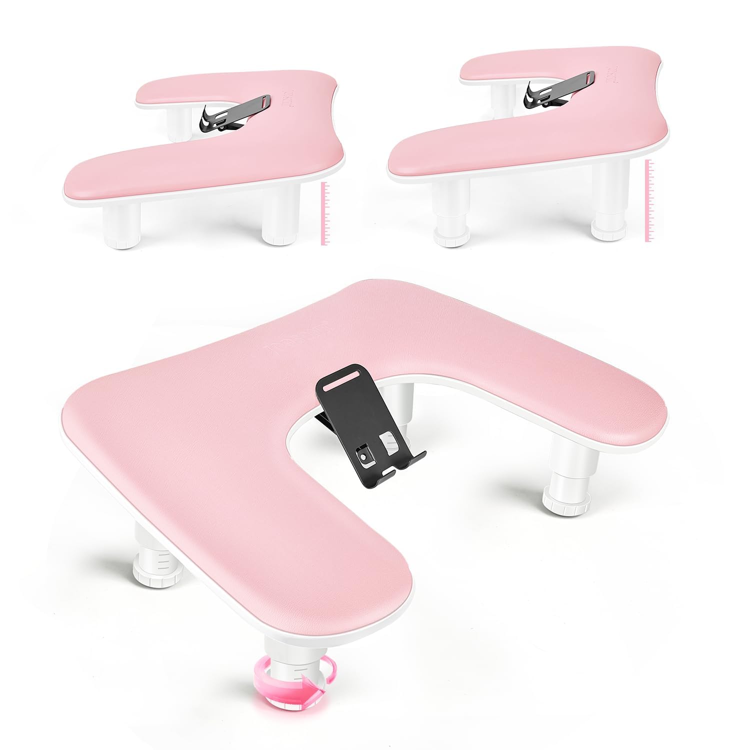 JODSONE Bracciolo rosa a forma di U per chiodo tecnico, con supporto per cellulare girevole a 360° integrato e bracciolo regolabile per manicure in salone