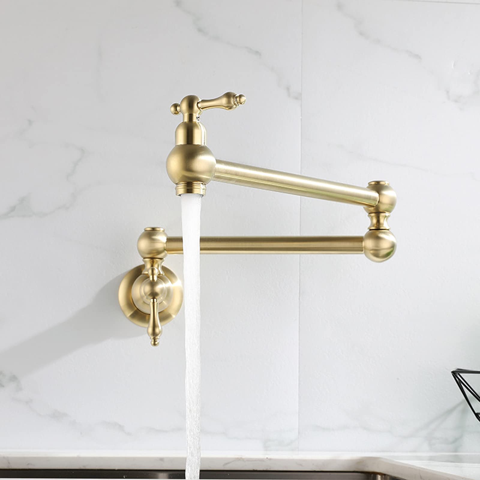 Rubinetto per Riempimento Pentole, Rubinetto da Cucina in Ottone A 2 Maniglie A Parete, Rubinetti Singolo Freddo Pieghevole con Rotazione A 360 °, con Bracci Oscillanti A Doppio Snodo,Brushed Gold