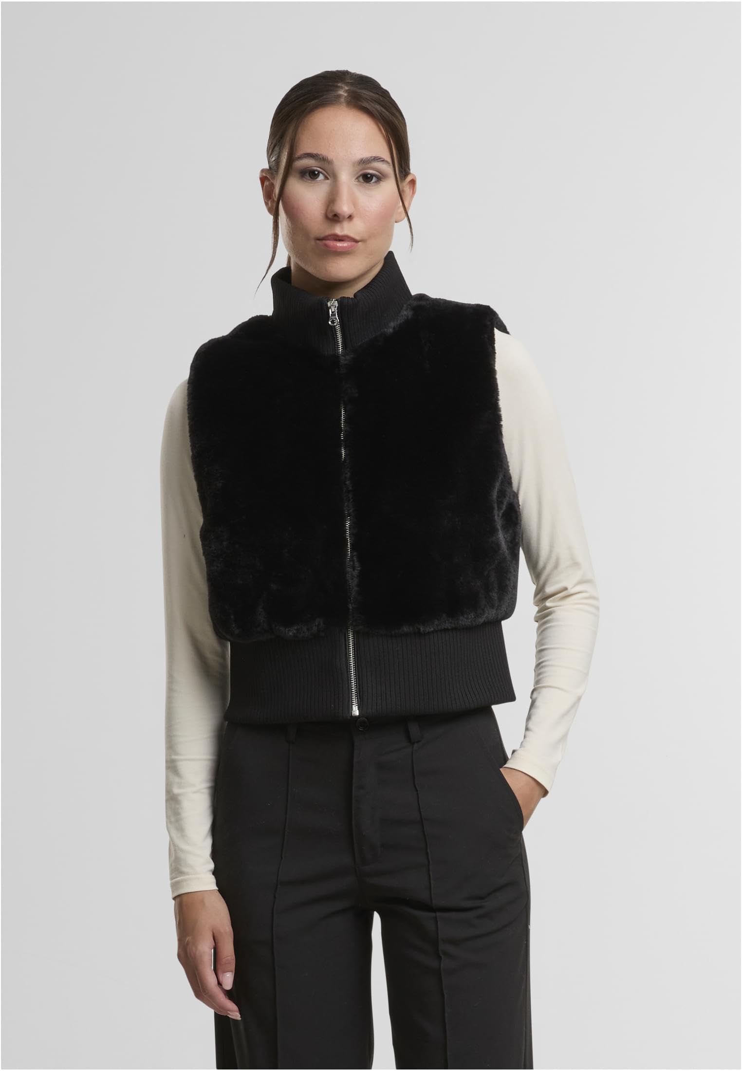Urban Classics Ladies Cropped Faux Fur Vest Donna Gilet nero
