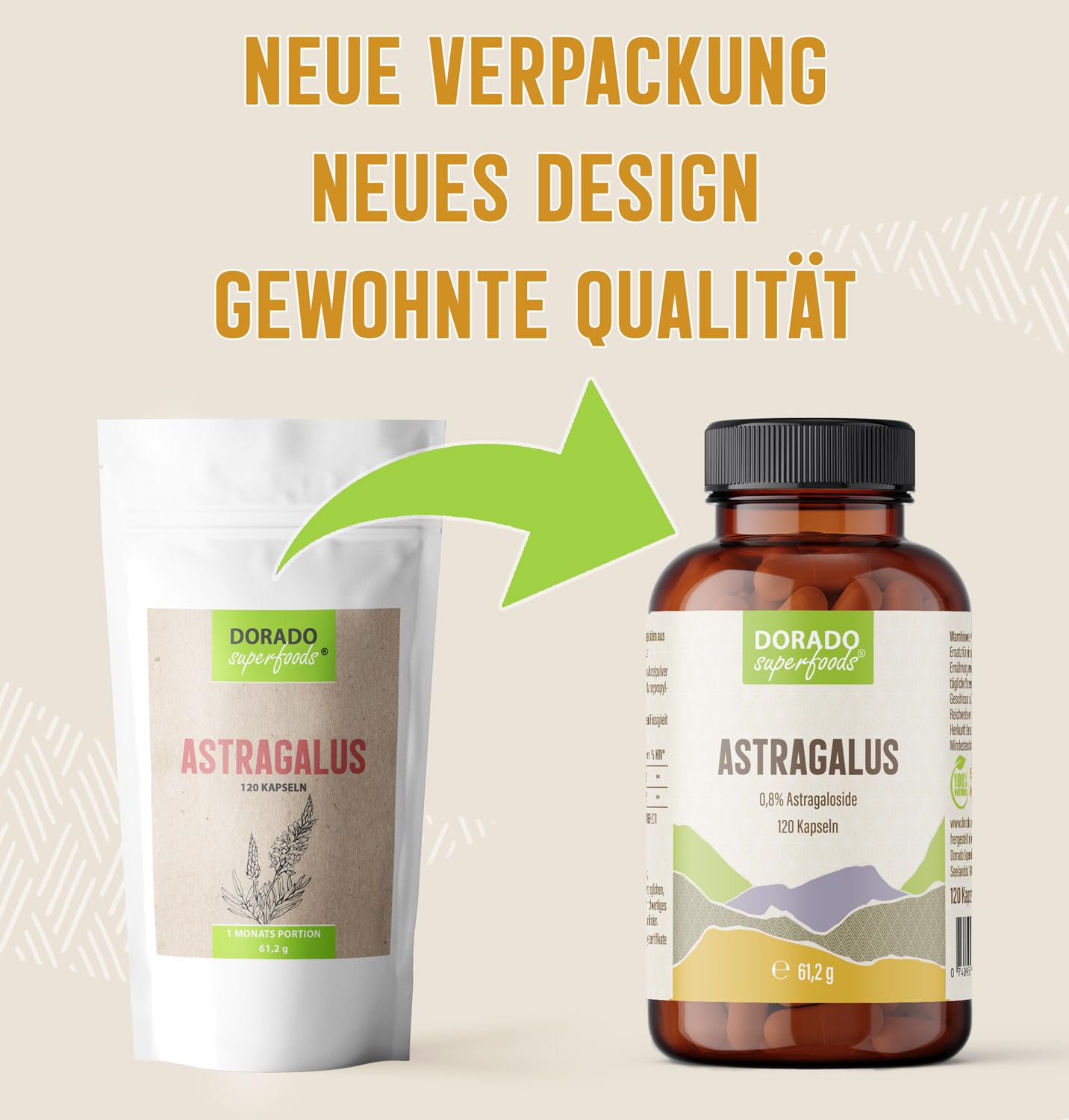 Astragalus membranaceus | 120 x Kapseln - 1640 mg Tagesdosis | Wurzelpulver - Vegi | 1 Monatspackung - Dorado Superfoods®