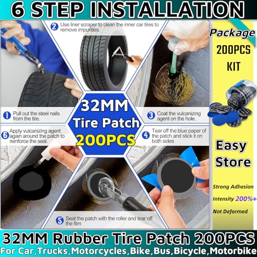 Image of Flat Tire Repair Kit 200PCS 32MM，Car Tire Patch Kit Heavy Duty Bike Tire Patch Kit Tire Repair Tools Bike Patch Kit Bike Tire Repair Kit Motorcycle Tire Repair Kit For Car Truck Motorcycle Bike