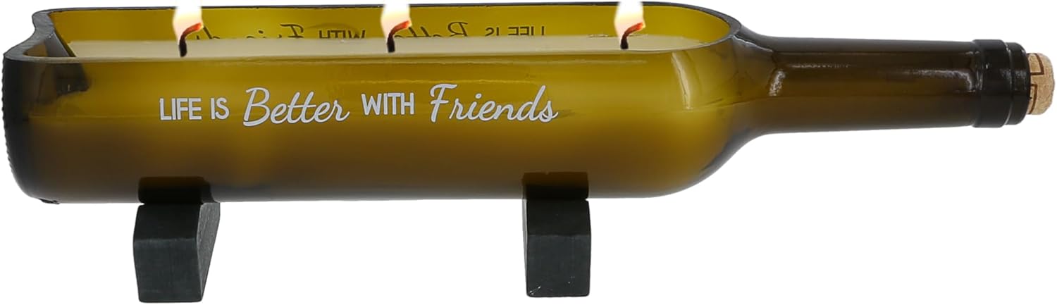 Pavilion Gift Company - Life is Better with Friends - 14 oz Triple Wick Wine Bottle Jasmine Candle Bestie BFF Best Friend Friendship Housewarming Apartment-Warming