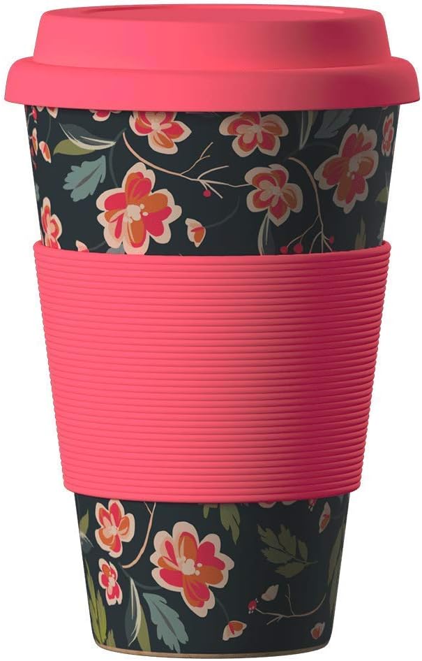 Bamboo Cup Reusable Coffee Cup with Lid and Silicone Sleeve - Bamboo Coffee Cup with Tight Seal Cover and Sip Hole - Eco Cup Made from Bamboo, Food-Safe and Dishwasher Safe (Cherry)
