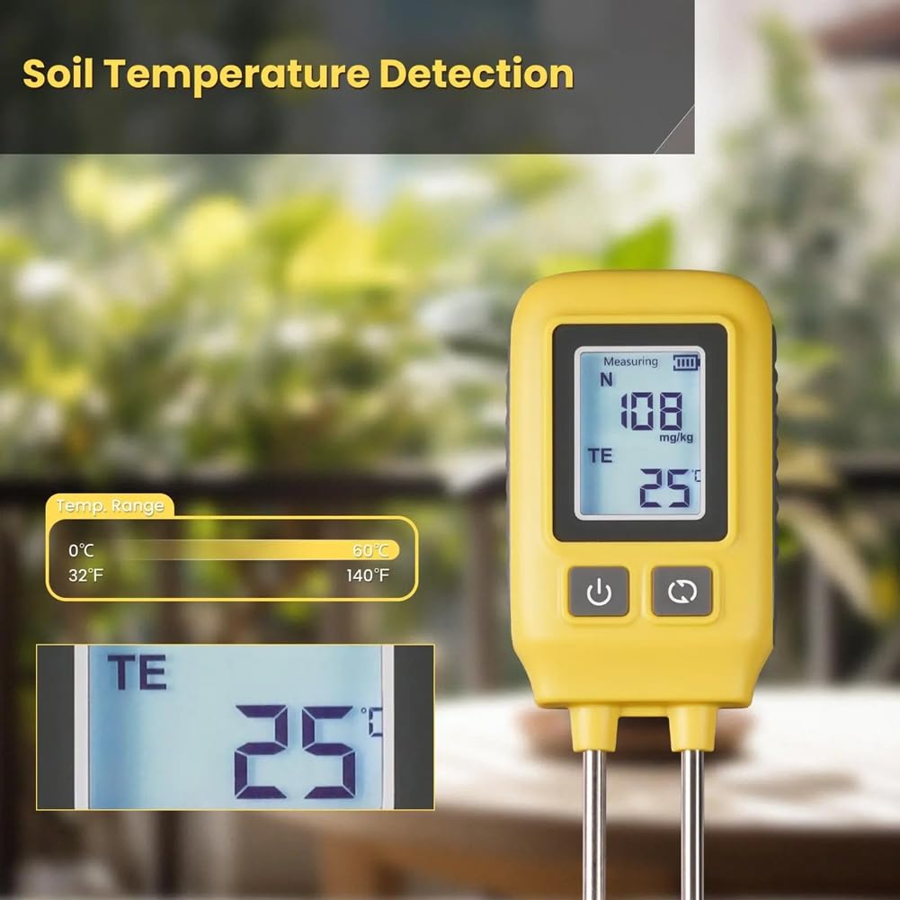 Sensor de Temperatura de N, P, K del Suelo Detector de Nitrógeno, Fósforo y Potasio Medidor de Fertilidad de Nutrientes Probador para Jardín y Granja