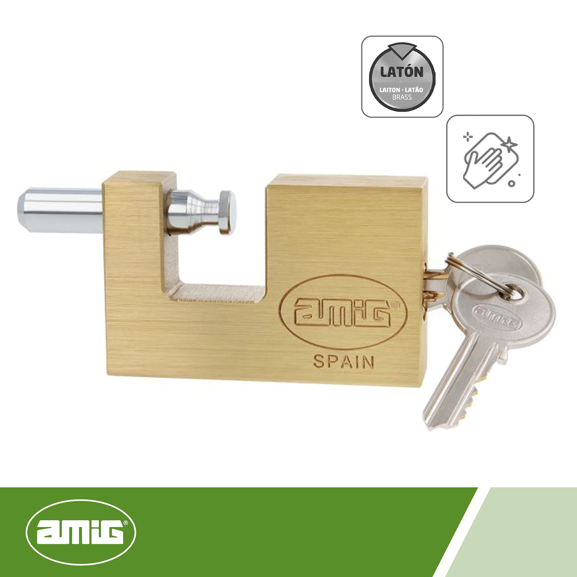 Amig - Cadenas Rectangulaire en Laiton | Sécurité avec Clé | Antirouille et Imperméable | Utilisation Facile pour Portails et Casiers | Amig 22557 Model 5, Laiton Mat, 90 mm, Laiton