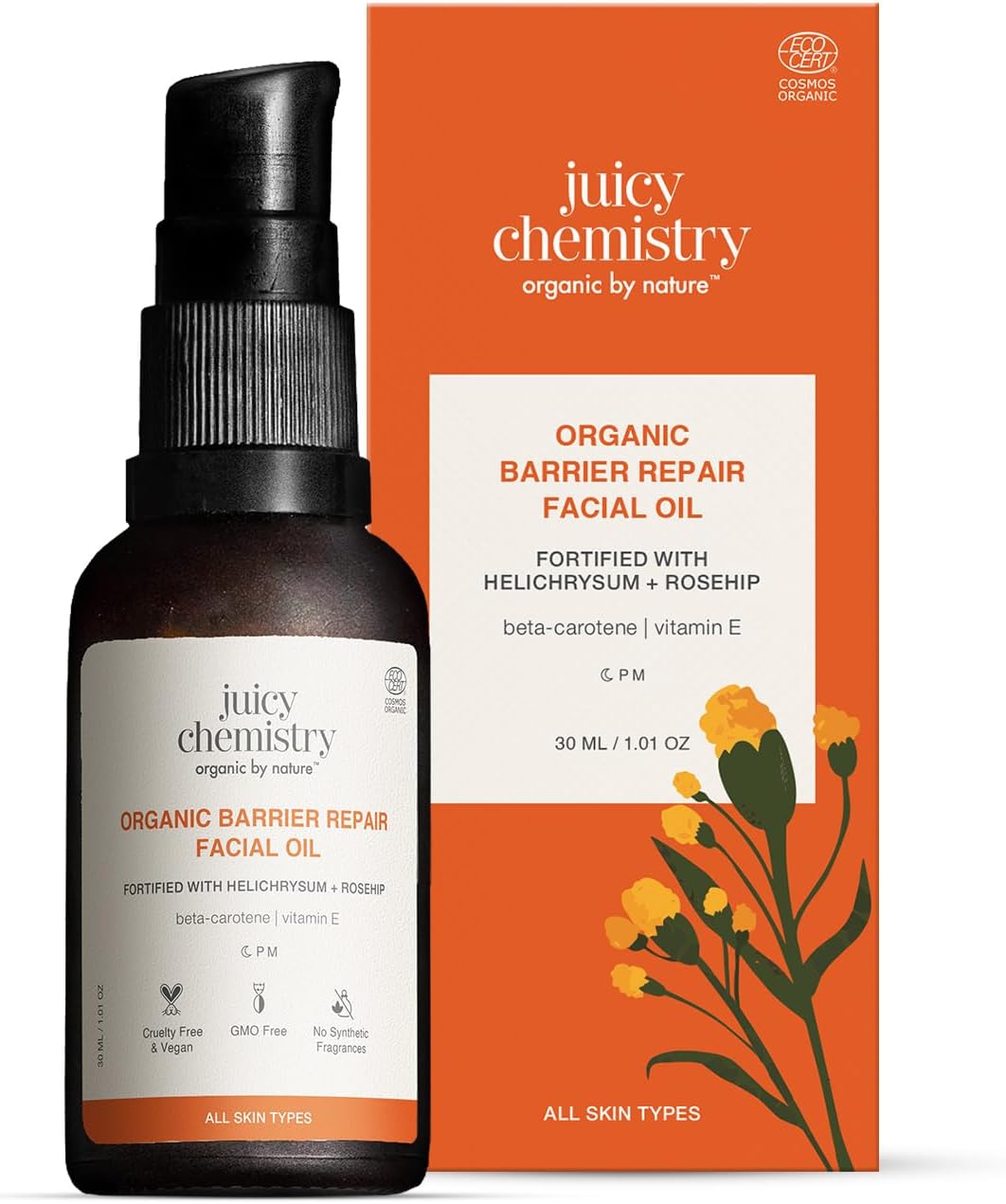 Juicy Chemistry Facial Oil 30ml - Helichrysum & Rosehip Blend, 100% Pure & Vegan, Natural Moisturizer for Pigmentation, Dull Skin, and Lymphatic Drainage, Pre-Makeup Oil, Gua Sha Face Massage Oil