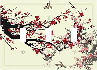 Cherry Blossom 3 Gang Light Switch Cover Decorativo Triple Toggle Wall Plate Plum Flower Red Floral para Baño Color Rojo Decoración de Baño Japonés Placa frontal Eléctrica 6.7 pulgadas x 4.8 pulgadas