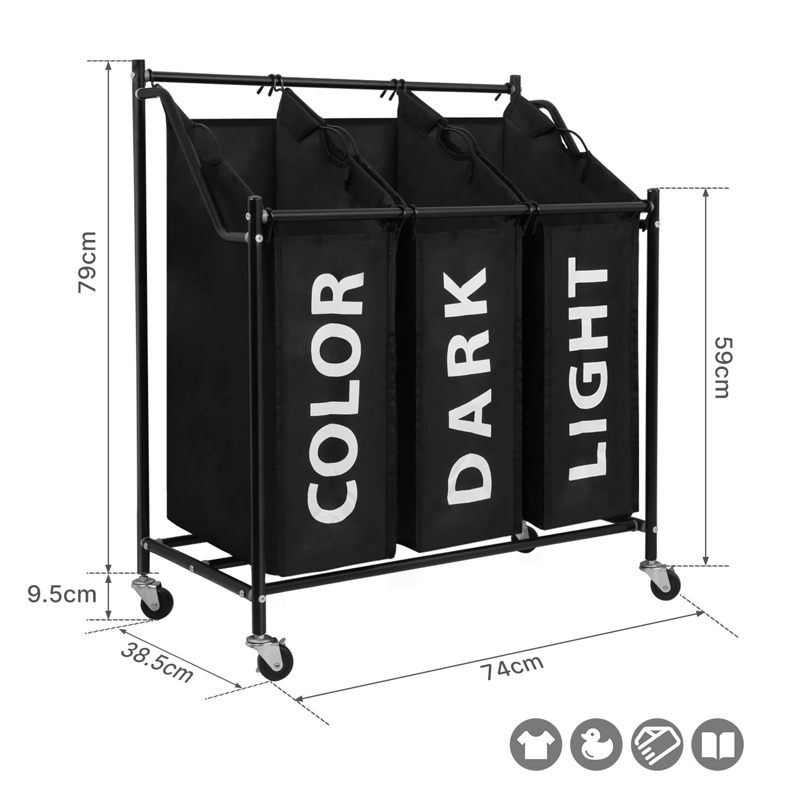 Mondeer Carrello Porta Biancheria con 3 Sacchi Rimovibili, Ceste per Bucato con Rotelle Universali, capacità Totale di 135 Litri,3x45L & 4x45L (Nero 01)