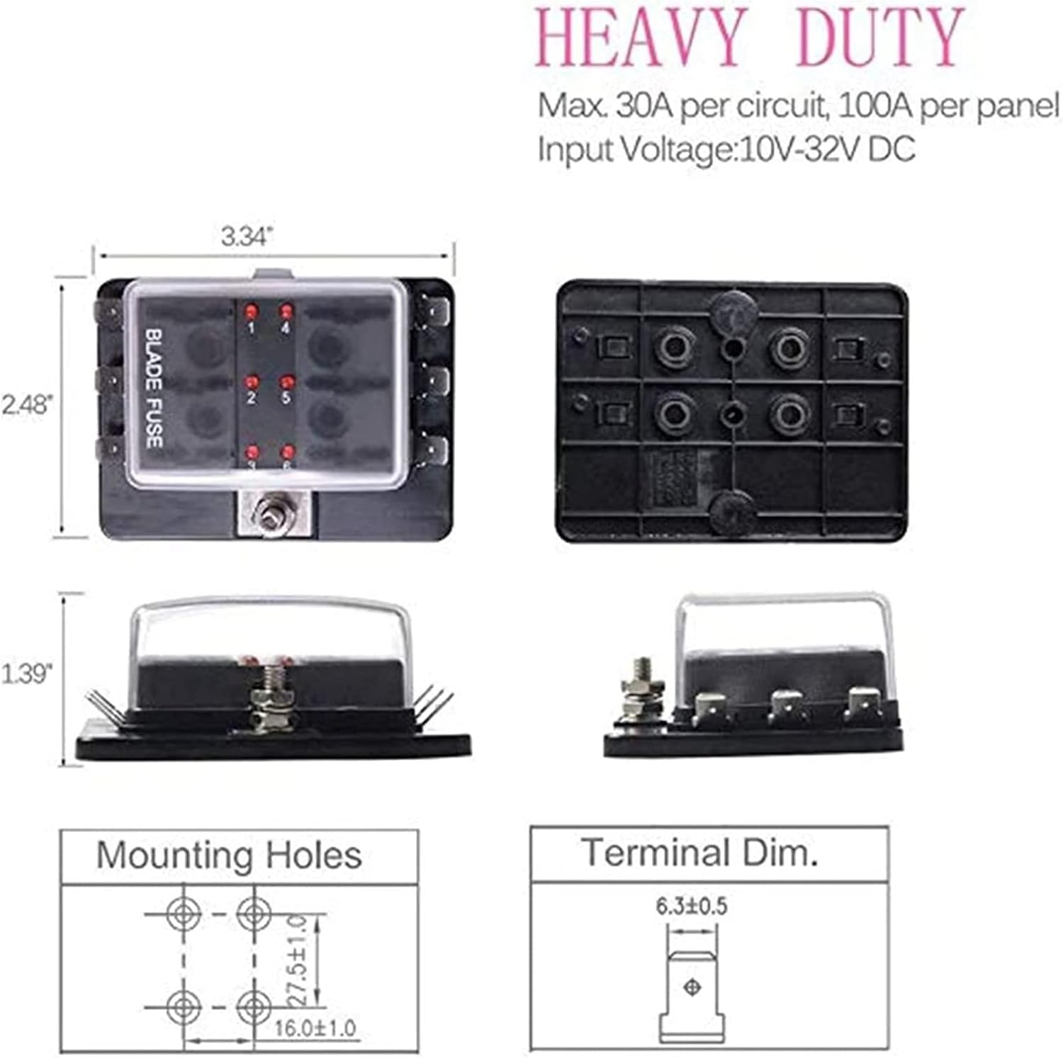 Plastic Cover 6 Ways Blade Fuse Block 12V 32V Fuse Box Holder with LED Indicator Light for Auto Car Marine