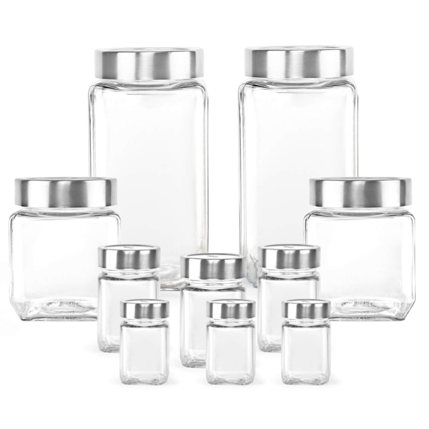 CELLO Qube Fresh Glass Storage Jar for Kitchen Set of 10 Pcs (180 x 3, 300 x 3, 580 x 2, 1000 x 2) Transparent | Leadfree Toughened Glass Kitchen Storage Jars Set For Beans, Whole Grains, Dry Fruits