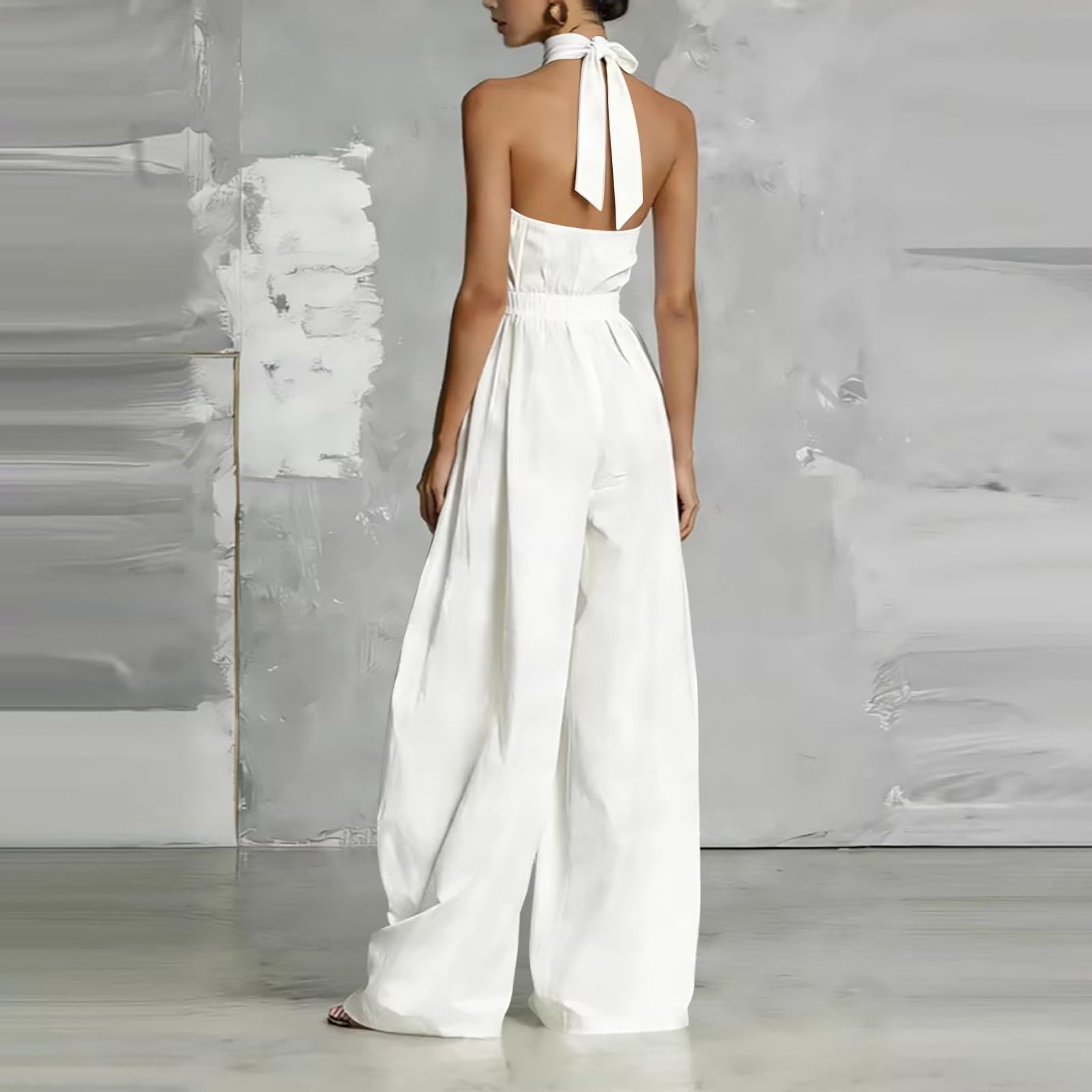 Tuta da donna elegante per matrimonio, taglie forti, pantaloni con allacciatura al collo | Tuta intera a gamba larga con tasche, vestibilità ampia, tinta unita, per ospiti di nozze