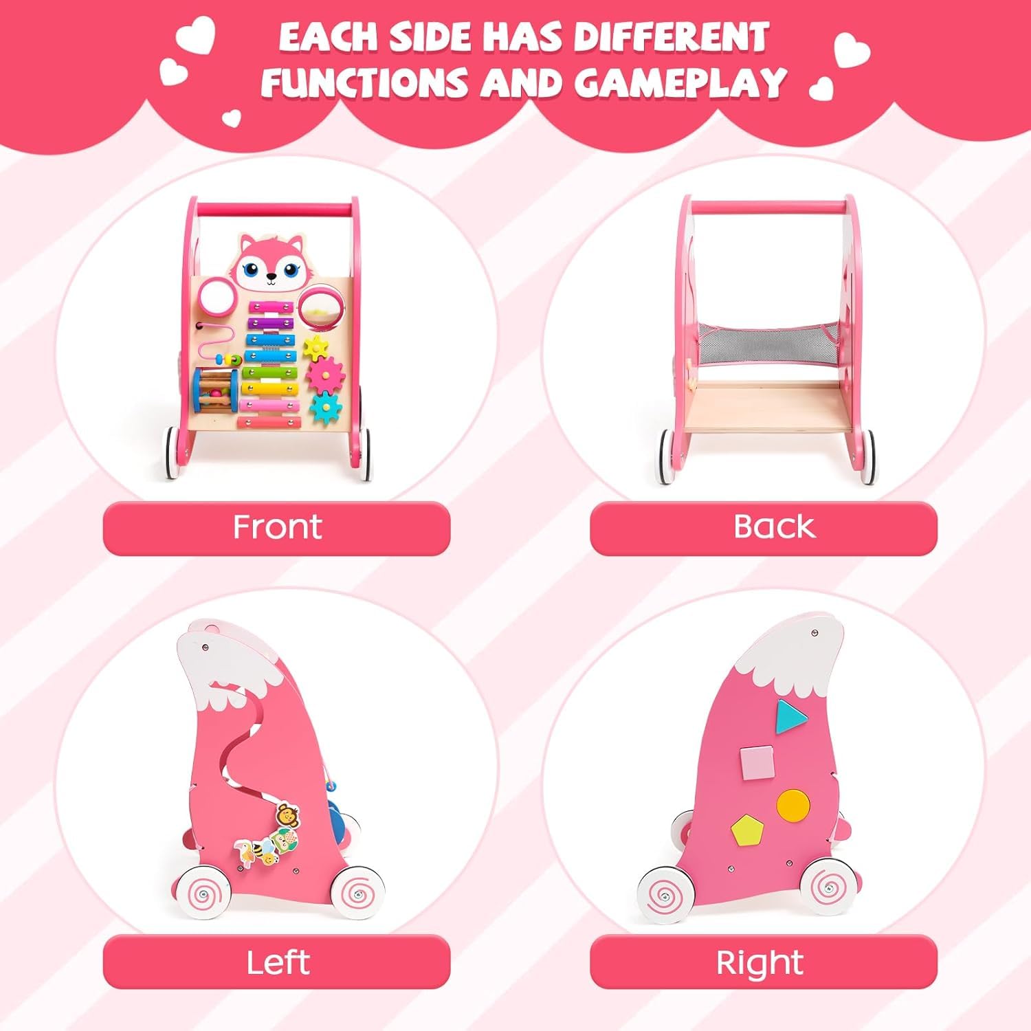 Chariot de Marche Bebe avec Xylophone, Instruments de Musique et jeu d'association de Formes.Trotteur Bebe Fille，Jouet Montessori Centre d'activités Multifonctionnel pour bébés de 6 mois et plus, Rose