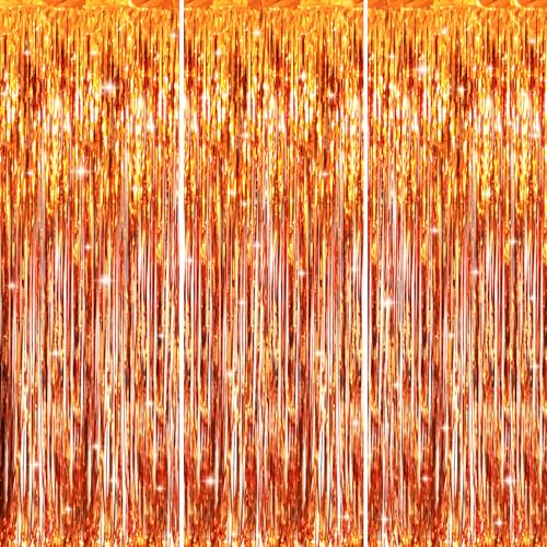 Image of GOER 3.2 ft x 9.8 ft Metallic Tinsel Foil Fringe Curtains for Party Photo Backdrop Decor (3 Packs,Orange)