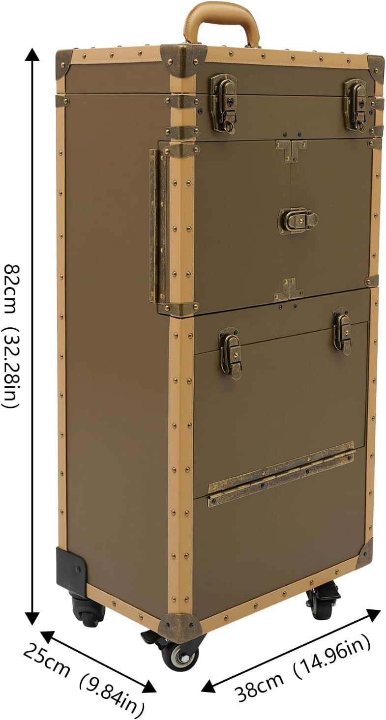 Rolling Hairdressing Case - Professional Makeup Train Case with Dual Password Locks, Cosmetic Organizer for Salon/Barber/Nail Artists (Gold)