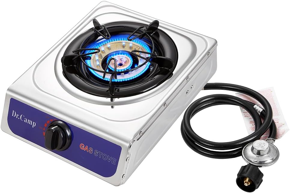 Dr.Camp 12000 BTU Single Auto Ignition Camping Garden Outdoor Camp Garden Hiking Fishing Propane Stove Cooker Griddle, Include CSA listed regulator and gas hose