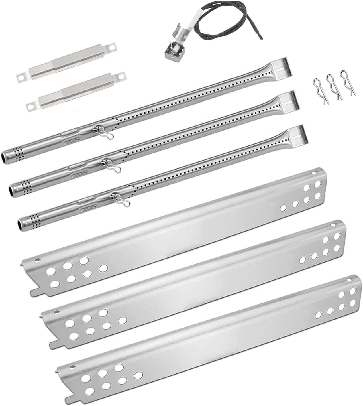 Complete set of YIHAM grill replacement parts including heat shields, burner tubes, crossover tubes, and an igniter wire.