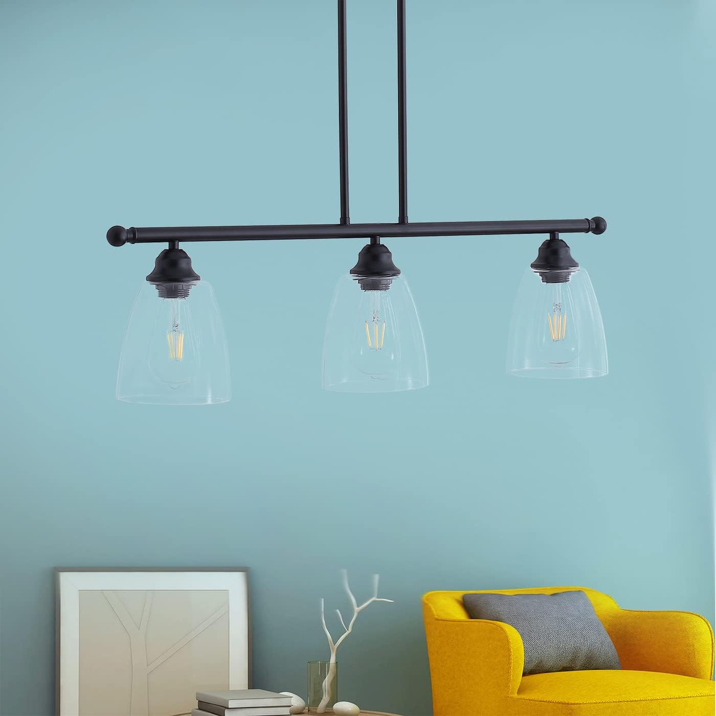 Aiwen 3-Light Modern Kitchen Island Pendant Light Fixture Farmhouse Chandeliers Vintage Flush Mount Black Metal Ceiling Hanging Lighting with Clear Glass Shade for Dining Room Foyer Restaurant