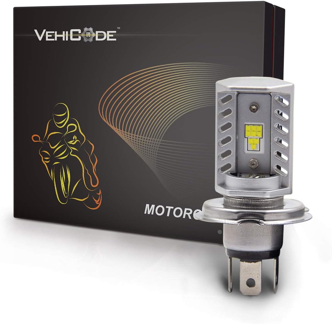 VehiCode H4 Motorcycle LED Headlight Single Bulb Conversion Kit - 9-CSP 2121 HS1 P43T Motorbike LED Light - 2200lms 6000K White Dual High/Low (Hi/Lo Beam) Fanless 9003 HB2 Replacement (1 Pack)