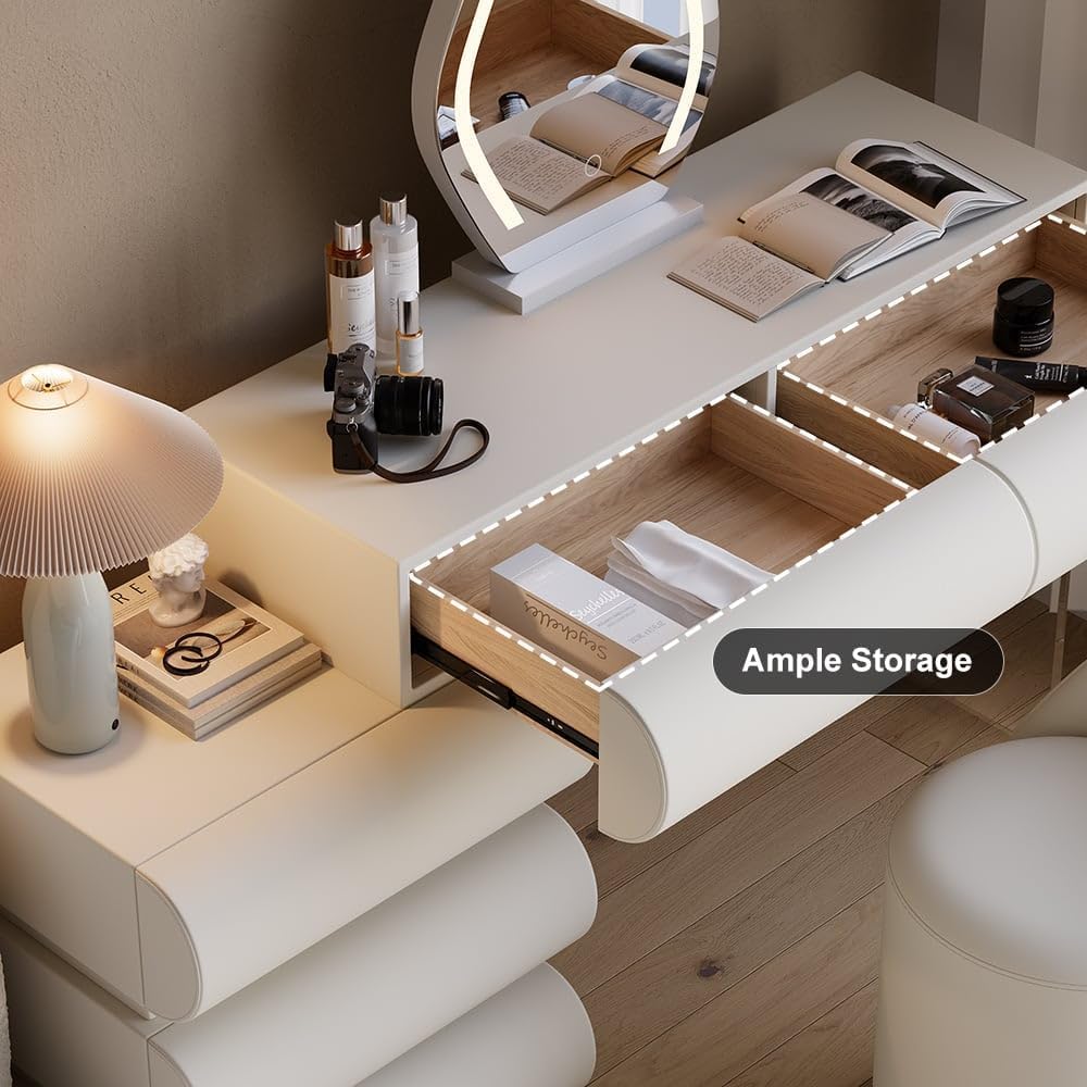 homary White 2-Piece Makeup Vanity & Smart Nightstand Set, Modern Vanity Table with LED Mirror and Nightstand with Wireless Charging, PU Leather Bedroom Furniture for Cosmetics & Personal Items