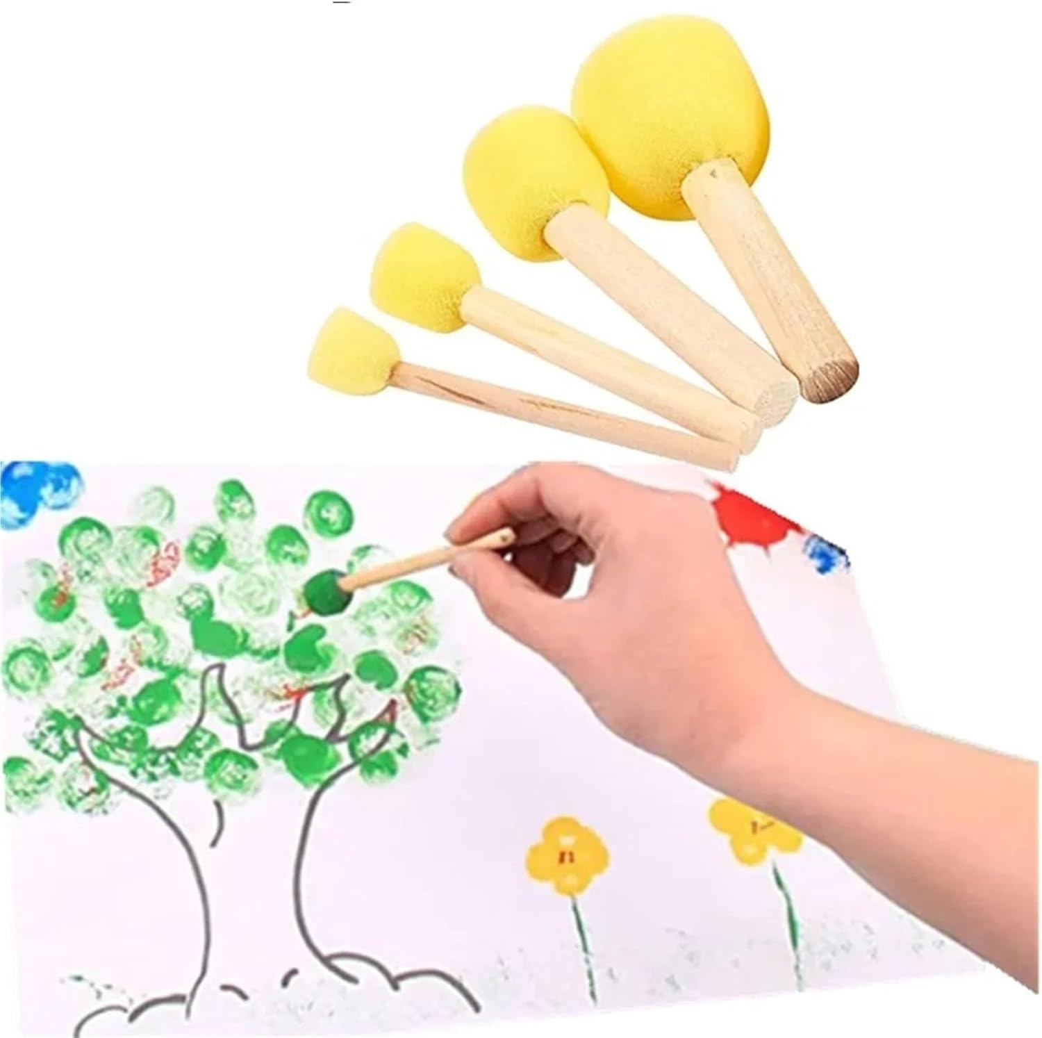 Foam Paint Brushes 25 Set/100 pcs Wooden Handle Sponge Paint Brushes - Flower Graffiti Tools for School Art Painting Supplies