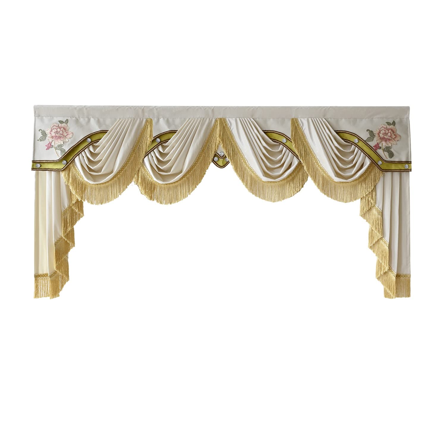 Gxi Beige Velvet Waterfall Curtain Valance for Living Room Rod Pocket Luxury Tassel Scalloped Curtain Swag to Match Beige Velvet Curtains Drapes,1 Panel 110 inch Width