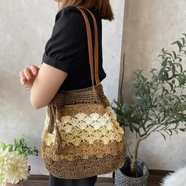 Image of MAIRO LIFESTYLE Straw Wicker Handmade Boho Summer Beach Drawstring Tote Bag