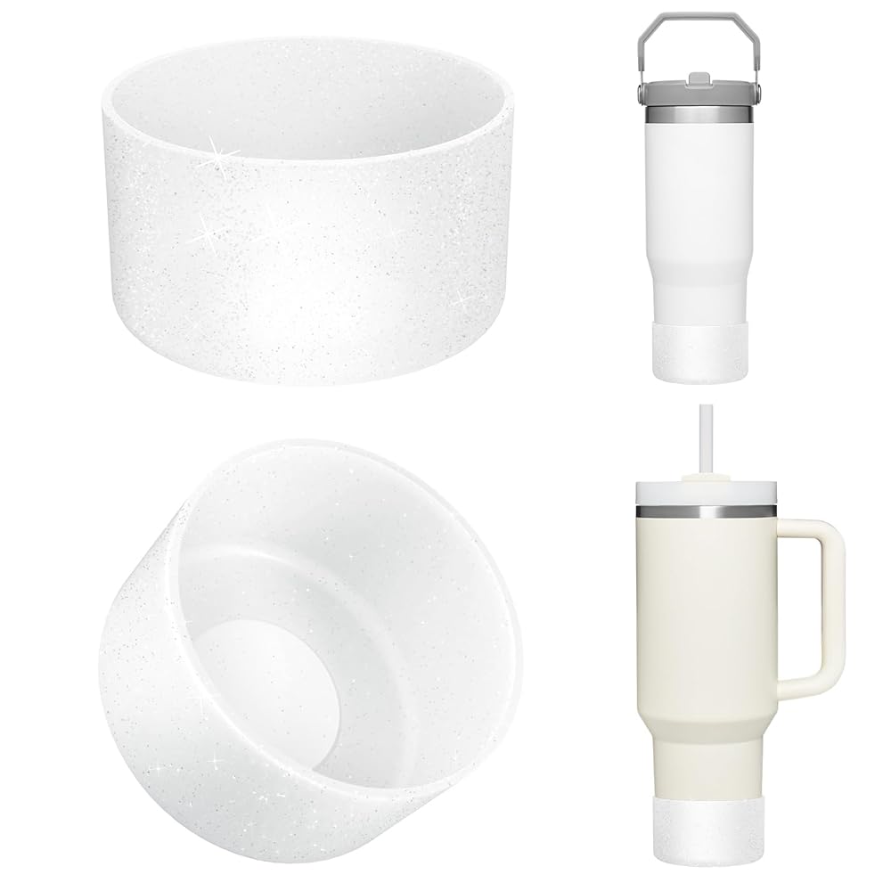 Upgrade 2PCS Protective Silicone Boot Bumper for Stanley Quencher Adventure 40oz 30oz IceFlow 20oz 30oz Tumbler, Water Bottle Bottom Sleeve Cover Accessories for Stanley Mug Cup(Glitter Silver)