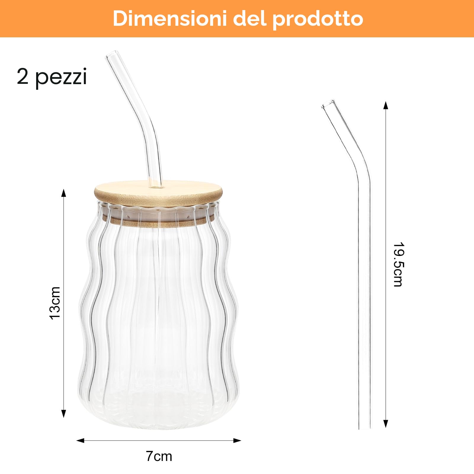 APOMOONS Set di 2 bicchieri con coperchio e cannuccia tazze in vetro a coste caffè ondulato con cannucce trasparenti ghiacciate per acqua, succo di caffè, birra latte