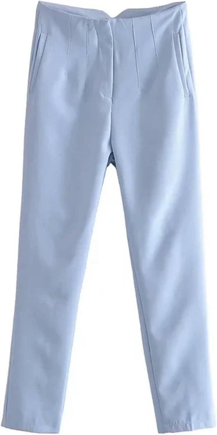 fashion women orange suit trousers trousers high waist pockets buttons office lady trousers pantalon lightblue