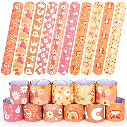 Bonuci 40 Pcs Groovy Party Favors Hippie Boho Slap Bracelets Retro Daisy Slap Bracelets for Adults Groovy Peace Butterfly Rainbow Snap Wristbands for Home Event Supplies Party Supplies