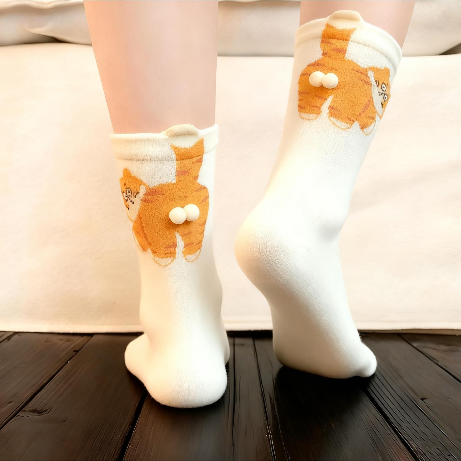 2 Pairs Women's 3D Cat Socks with Balls, Ultra Soft Cotton Novelty Animal Socks for Women, Cat Lovers