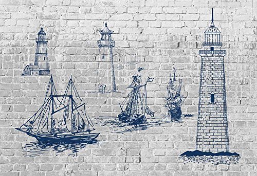 Wall26 - Sketches Of Lighthouses And Sailboats On A Brickwall - Wall Mural, Removable Sticker, Home Decor - 100X144 Inches #TOP1