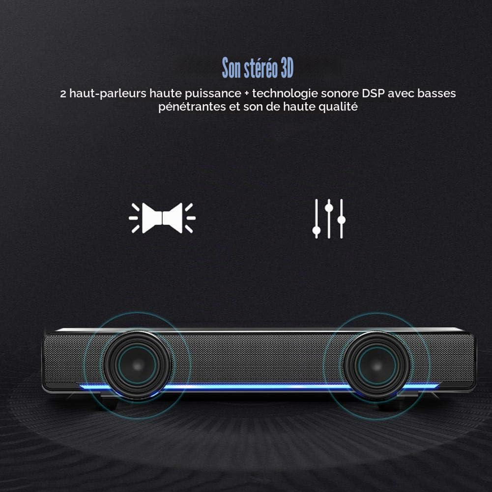 Barre de son USB haut-parleur PC, barre de son stéréo filaire lecteur de musique Bass Surround Soundbox entrée 3,5 mm pour ordinateur de bureau/ordinateur portable/TV/smartphone/tablette/MP3/4 (noir)