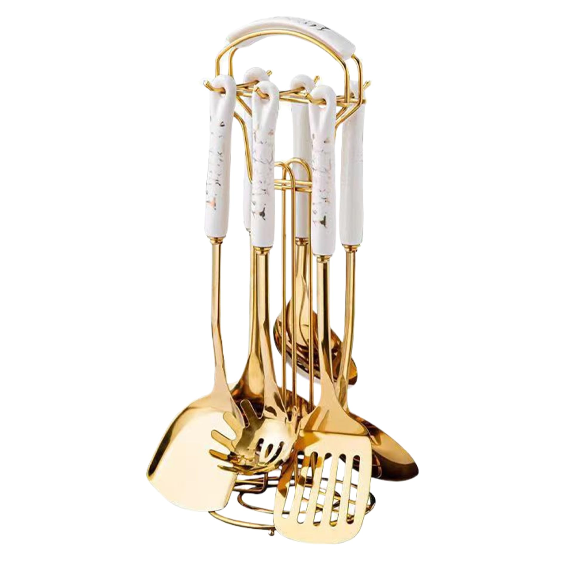 7 pezzi/set di utensili da cucina set utensili in oro in acciaio inossidabile per cucinare con supporto per la lavastoviglie per la lavastoviglie di attrezzi da cucina metallo comprendon