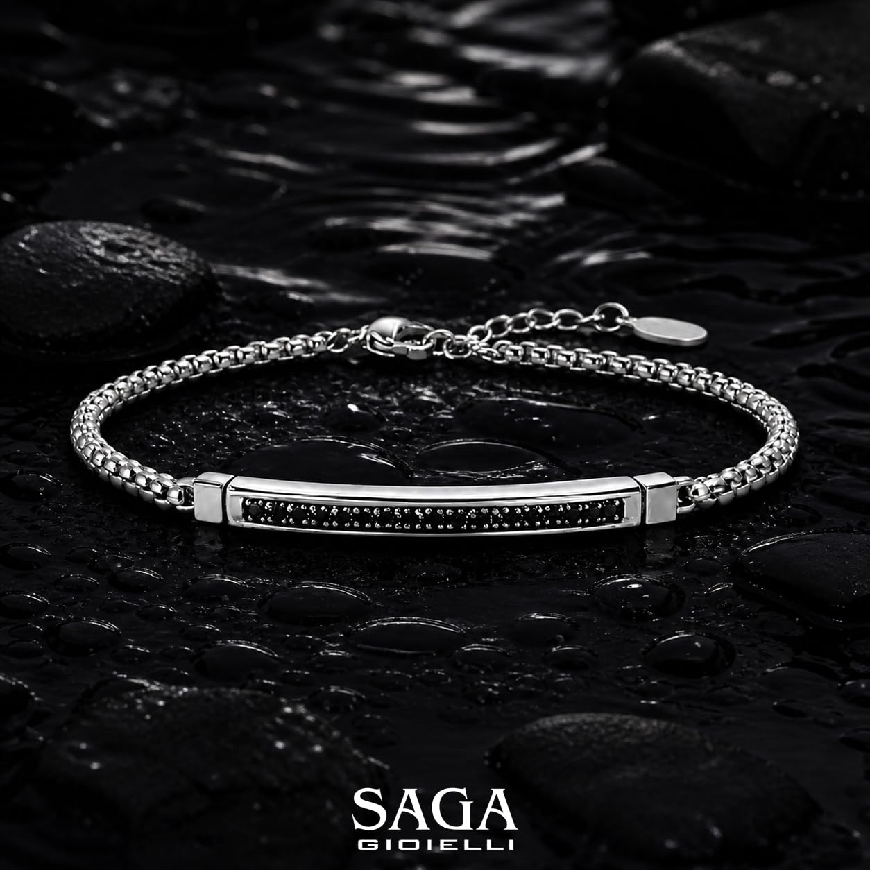 SAGA GIOIELLI® Bracciale Uomo Acciaio con maglia tonda, barretta centrale e cristalli neri – Idea Regalo Festa del Papà, Compleanno, Natale, San Valentino, Anniversario - Confezione regalo inclusa