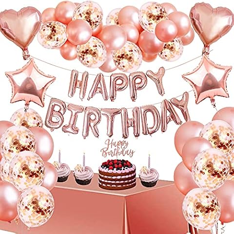 BIQIQI Rose Gold Birthday Party Decoration Women, 77Pcs Rose Gold Birthday Balloon Set with Happy Birthday Banner Balloons Tablecloth Foil Confetti Balloons for Women Birthday Hen Party Bridal Shower Cover