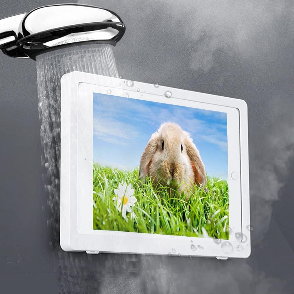 Shower Tablet Holder Waterproof Compatible with Ipad, Wall Mounted Bathroom Tablet Case Mount Shelf, Adhesive Touchable Cradle with Glass Mirror Anti-Fog Screen for Bathtub Kitchen White