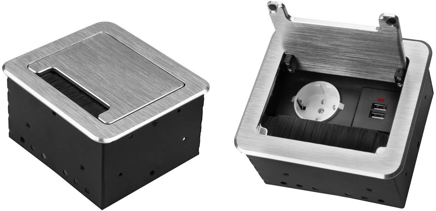 Einbausteckdose mit USB (1x Schuko + 2x USB Farbe Silber) Tischsteckdose Stromdose Steckdose Schreibtisch Energiestation