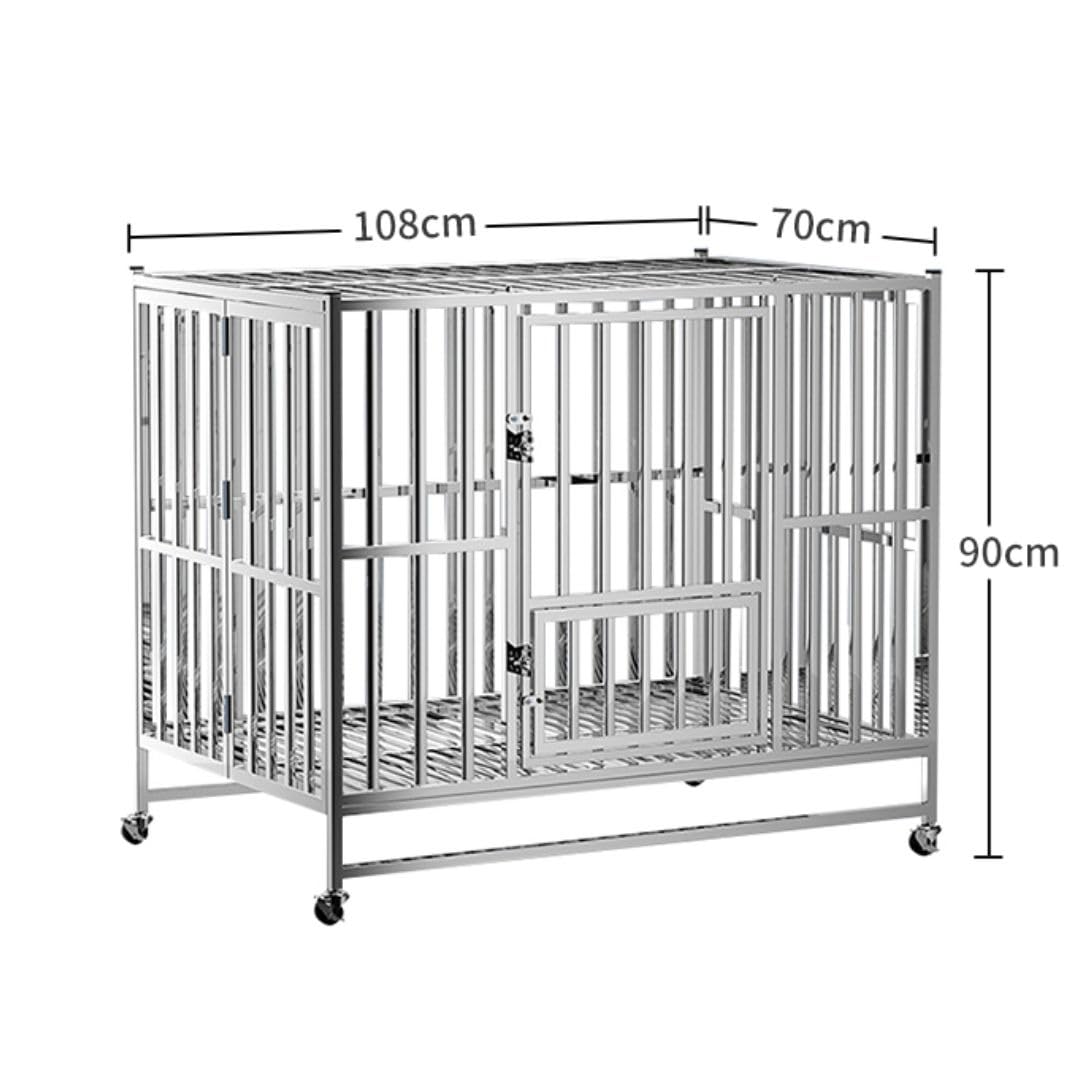 Jaula Grande Plegable para Perros de Acero Inoxidable 108 x 70 x 90 cm con Ruedas, Doble Puerta, 2 Bandejas Extraíbles y Cierre de Seguridad