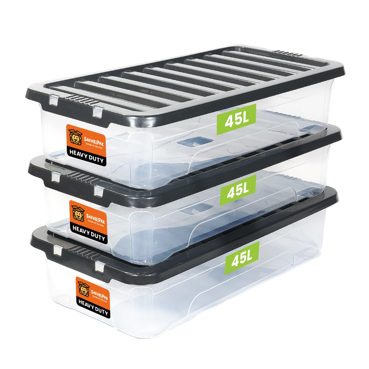 SAFARIPAK 3 x 45 Litre Clear Plastic Underbed Storage Boxes with Lids, Clip-Lock Lid, Space Saving Sturdy Stackable Box, Lidded Containers for Home, Kitchen, Moving, Garage, Office & Organisation