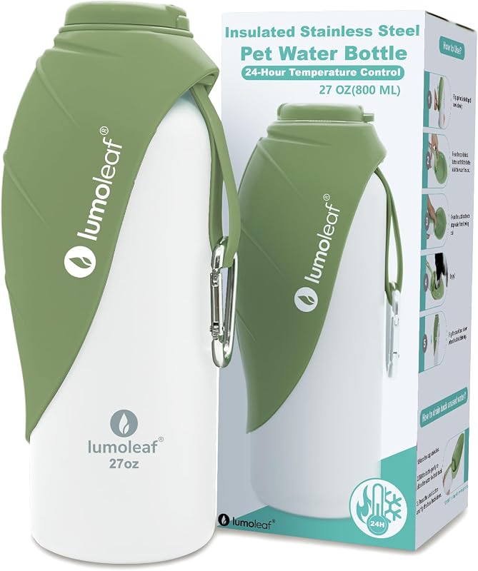 Garrafa de Água para Cães com Isolamento Térmico em Aço Inoxidável LumoLeaf Verde, 798 mL